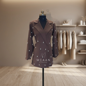 Robe Blazer de Luxe Décontractée Marron avec Perles et Cristaux, Col Asymétrique Floral, pour Femme, Été, Imperméable, Séchage Rapide, Longueur Complète, Mariage - Product Image 3