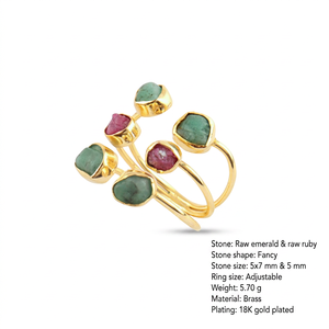 Natural Raw Emerald and Raw Ruby Adjustable <b>Ring</b> Solid Brass 18k Gold Plated Three Layered Band <b>Open</b> <b>Ring</b> Unisex Wear Jewelry - Product Image 1
