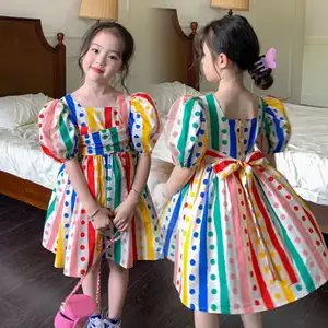 Robe arc-en-ciel à pois pour filles, nouvelle robe de princesse d'été à manches bouffantes pour enfants