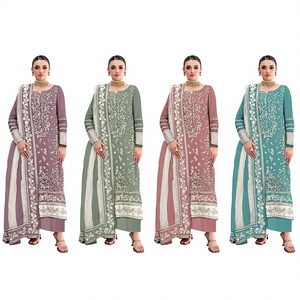 ชุดส่าหรีปากีสถานสำหรับงานปาร์ตี้ฤดูหนาว ดีไซน์หรูหรา ตกแต่งด้วยผ้าจอร์เจตต์เนื้อหนา ปักด้วยด้ายหลายเส้น ประดับด้วยลูกปัด - Product Image 1