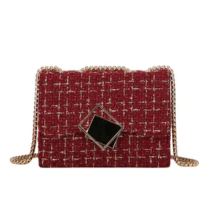 Factory custom print purses and handbags cheap price small tweed bags red color fashion phone handbag