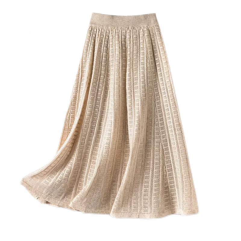 New Knitted Casual Pleated A Line Jacquard Wool Skirt For Women Midi Apricot Soft Long Clothing