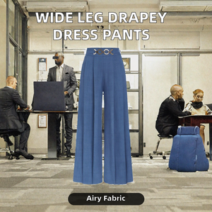 Pantalon élégant taille haute à jambes larges, bleu uni, plissé devant, ceinturé, coupe ample, longueur totale, tissé, style automne - Product Image 2