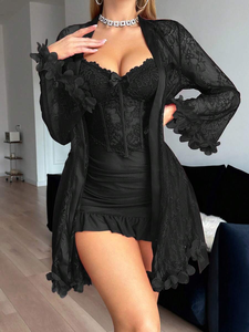 Chemise de nuit sexy en dentelle, mini-lingerie noire en maille transparente pour femme, cadeau de nuit de noces en dentelle florale - Product Image 3