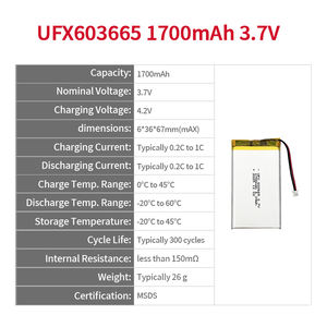공장 OEM <span class=keywords><strong>3.7v</strong></span> 충전식 UFX 603665 배터리 1700mAh 파우치 셀 UFX 603665 리튬 폴리머 <span class=keywords><strong>3.7v</strong></span> 1700mAh 리포 배터리 - Product Image 2