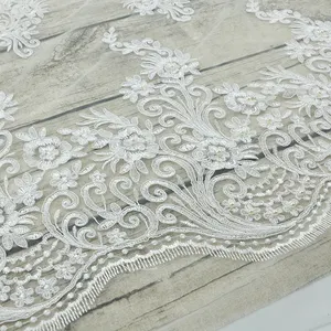 2022 Milk Fiber trimming beautiful embroidery customize white lace trim with pearls embroidered fabric WTPA-078