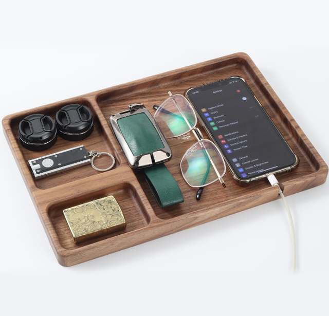 Walnut Wooden Eco-friendly Sustainable Valet Tray Built-in Wireless Charging Pad Nightstand Storage Organizer Faux Leather Men