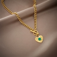 Parure de bijoux plaqué or en acier inoxydable avec pendentif cœur et boucles d'oreilles créoles, zircon vert, style rétro français pour femme