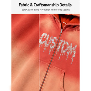 Custom Mens Distressed <b>Zip</b> Up Hoodie Acid Wash 100% Cotton Rhinestone Puff Print Oversized Streetwear OEM - Product Image 4