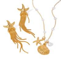 Ensemble de bijoux collier en acier inoxydable or 18 carats européen et américain boucles d'oreilles à pampilles étoile de mer plage coquille conque perle