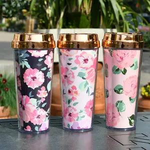 Double Wall Coffee Cup With Card Flower 16oz Plastic Water Cup New Insulated Portable Water Cup