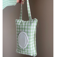 Pochette à couches de voyage en coton avec logo personnalisé, motif écossais vert, fermeture éclair, poignée souple, organiseur de maquillage