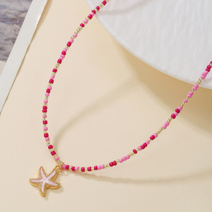 Glass Seed Bead <b>Necklace</b> Women <b>Pink</b> Red Starfish Pendant Adjustable Resort Style Fashion Jewelry Gift - Product Image 3