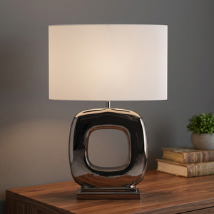 Contemporary Chrome Table <b>Lamp</b> Square Beige Linen Shade E27 LED Warm <b>White</b> Light Switch Control Middle Size Bedroom Decorative - Product Image 3