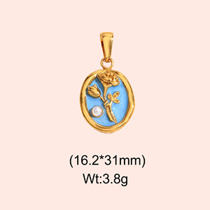 Flower Pendant Necklace 16.2x31mm Gold Plated With Pearl Blue Enamel Women's Jewelry Gift - Product Image 1