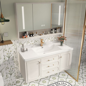 New French style white storage <b>mirror</b> cabinet bathroom cabinet with LED <b>mirror</b> cabinet white sink - Product Image 2