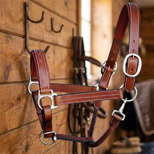 Cabestro de cuero genuino para caballo con estilo inglés, cuero cosido y acabado, herrajes de latón y níquel, y cabezada acolchada. - Product Image 3