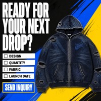 Veste à capuche zippée en jean délavé personnalisé avec déchirures usées et détails en strass bleus – Marques de créateurs streetwear