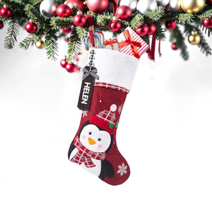 Chaussettes de Noël personnalisées en peluche bordeaux avec bordure brodée pour décoration de cheminée - Product Image 1