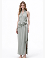 Gaun Maxi Wanita Halter V-Neck Tanpa Lengan dengan Ikat Pinggang dan Belahan Samping