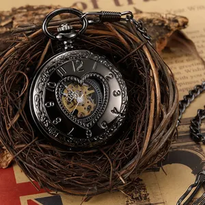 Vintage Half Hunter Steampunk Skeleton Fob Clock Wind Up Men Mechanical Watches Pocket With Chain