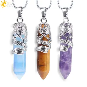 CSJA hot tribal totem dragon natural stone pendants crystal hexagonal point quartz pendant necklace for women men E853