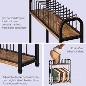 Iron And Wood <b>Hat</b> Rack 2 Tier <b>Standing</b> Baseball Cap Organizer For Wardrobe Cabinet Storage - Product Image 4