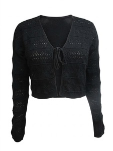 <b>Black</b> Hollow Out Knit <b>Cardigan</b> for Women <b>Tie</b> Front Cropped Long Sleeve Pullover Casual Spring Sweater - Product Image 2