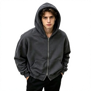 Men's Oversized <b>Hooded</b> <b>Zip</b>-Up Sweatshirt Solid Color Casual Fleece 100% Cotton Hoodie Loose Fit Winter Waterproof Wear - Product Image 5