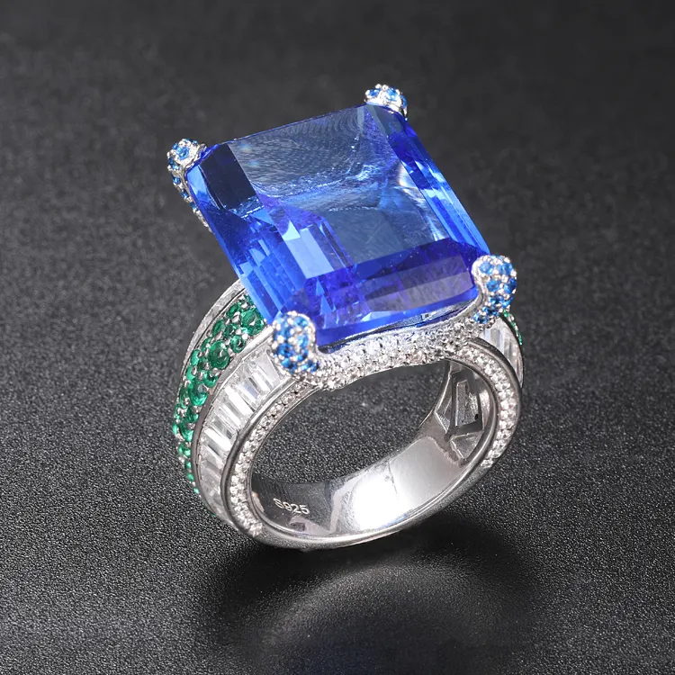 Роскошное ювелирное изделие из серебра 925 пробы, большое каменное кольцо с фианитом, кольцо с синим сапфиром