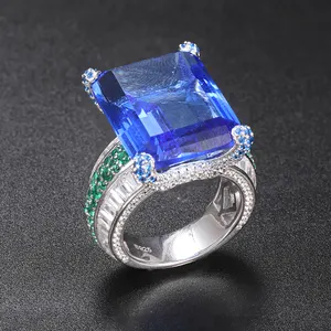 Trang Sức Bạc 925 Sang Trọng Nhẫn Đá Lớn Hình Khối Zirconia Nhẫn Sapphire Xanh Cz