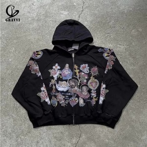 Sweat à capuche surdimensionné personnalisé avec fermeture éclair intégrale, en molleton épais, imprimé graphique intégral motif Saint, style streetwear, OEM ODM Marque Privée - Product Image 2