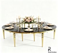 Table de mariage ronde de luxe, plateau élégant en verre noir, pieds en acier inoxydable en forme de S, table à manger pour banquet, événement, décoration d'hôtel