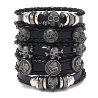 Lot de 5 bracelets punk tendance en alliage avec crânes pour hommes, bracelet en cuir gothique, bijoux d'Halloween