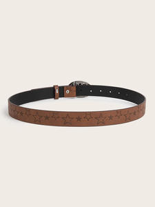 Sabuk <span class=keywords><strong>Pu</strong></span> Universal pria dan wanita, gesper Tekan Bintang tekstur coklat 2.8cm pola cetak bintang - Product Image 4
