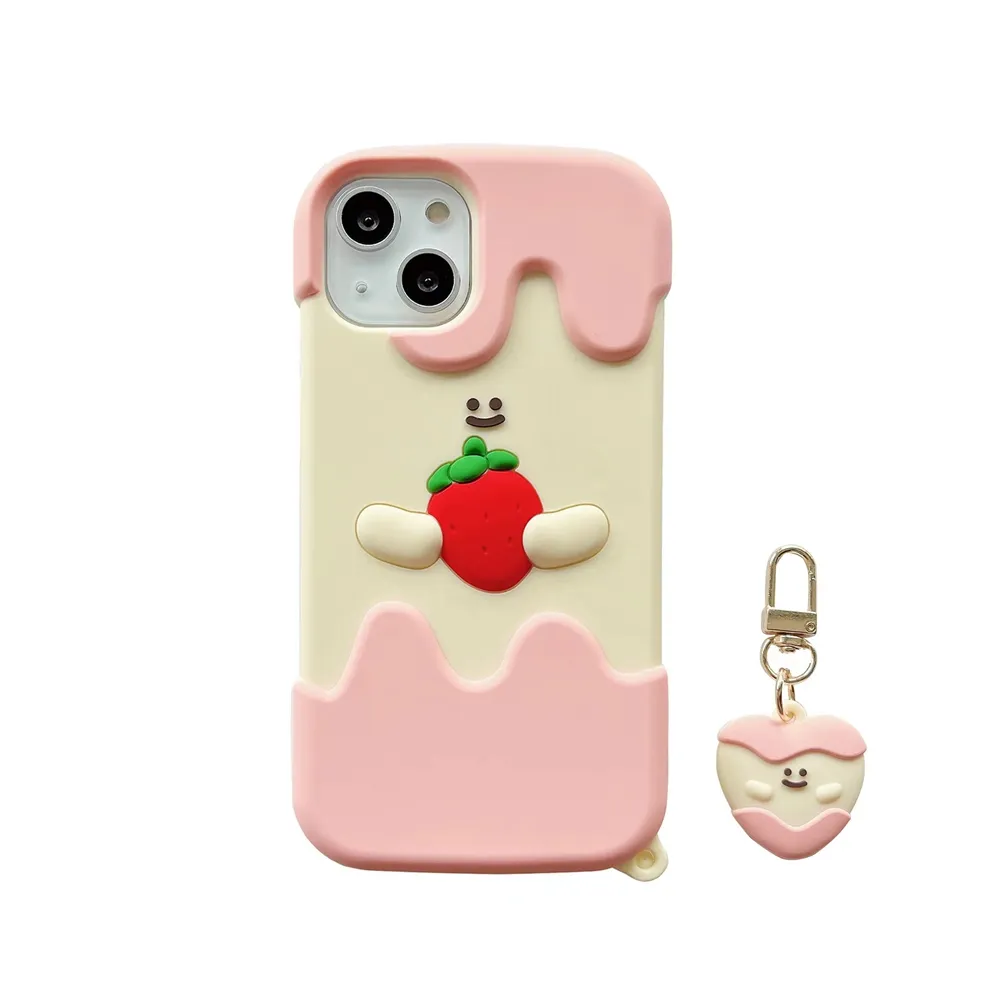 प्यारा 3D स्ट्रॉबेरी कार्टून सिलिकॉन फोन के मामले में iPhone के लिए चाबी का गुच्छा के साथ 13 12 11 प्रो मैक्स X XR XS 7 8 प्लस लड़की फोन के मामलों