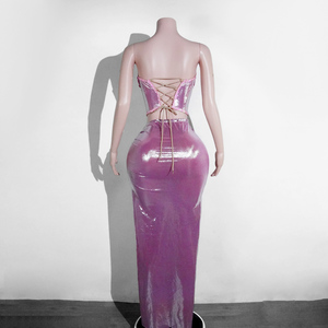 Conjunto de 2 Piezas de Alta Calidad para <span class=keywords><strong>Drag</strong></span> <span class=keywords><strong>Queen</strong></span>: Top Corsé Rosa sin Tirantes con Pedrería y Falda Metálica con Abertura Alta, Ideal para Baile de Salón y Escenario, Personalizable - Product Image 4