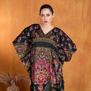 High Quality Designer Turkish Style <b>Kaftan</b> Women Polyester Handmade Batwing Sleeves V Neck Regular Fit Flared Hem Midi Eid - Product Image 1