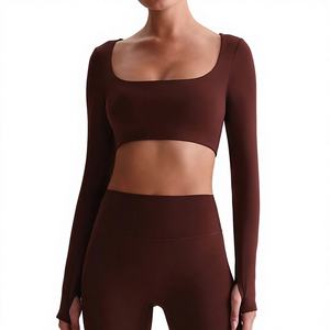 Nouveau haut de sport respirant et léger à manches longues <span class=keywords><strong>pour</strong></span> le yoga, vente en gros, chemise de compression, col carré, haut court <span class=keywords><strong>pour</strong></span> femme - Product Image 1