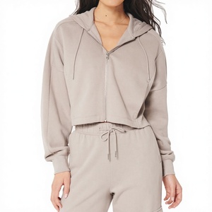 Women's Hooded <b>Zip</b>-<b>Up</b> <b>Cropped</b> Sweatshirt Solid Color Long Sleeve Breathable Knitted Cotton Bamboo Fiber Autumn Wear - Product Image 2