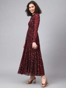 Vestido Midi de Mujer con Estampado Floral, Georgette Dobby, Fruncido, Corte A, Sin Mangas, Cuello en V, Casual, Estilo Western, Acampanado, Otoño, Natural - Product Image 6