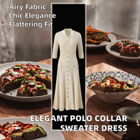 Robe longue en tricot évasé pour femme élégante col polo manches trois quarts pour femme Midi naturel pour le printemps