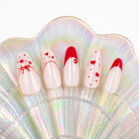 Faux ongles à presser style ballerine, motif nœud rouge et cœur, réutilisables pour femmes