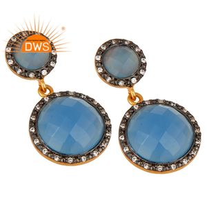 Boucles d'oreilles pendantes en argent plaqué or indien pour femme, avec pierre de calcédoine bleue, par un fournisseur de bijoux de créateur - Product Image 2