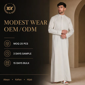 Customized <strong>Men</strong> <strong>Thobe</strong> Jubbah Light Beige Stand Collar Long Sleeve Robe Muslim Clothing OEM Custom Size - Product Image 1