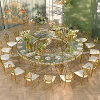 Tables de salle à manger modernes pour événements de mariage, design demi-lune, plateau en verre blanc miroir, structure en acier inoxydable doré