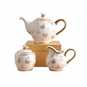 Service à café classique en porcelaine écologique avec motif papillon en relief, comprenant tasses, soucoupes et pot - Product Image 3