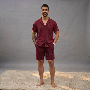 Men's Maroon 100% Cotton Lightweight Casual <b>Short</b> Sleeve Pajama Set Breathable Button Front <b>Shorts</b> Sleepwear - Product Image 1
