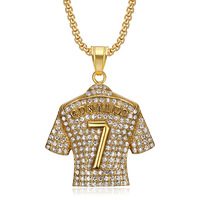 Collier Pendentif Hip Hop Star de Football Cristiano Ronaldo Neymar, Numéro 7 Portugal en Acier Inoxydable Doré, Perle et Cristal Dorés