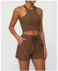 RUIQUWIN Vente en gros Ensemble de sport décontracté uni avec ceinture, short à cordon de serrage, poche, ensemble deux pièces pour yoga, fitness, course à pied et exercice - Product Image 4